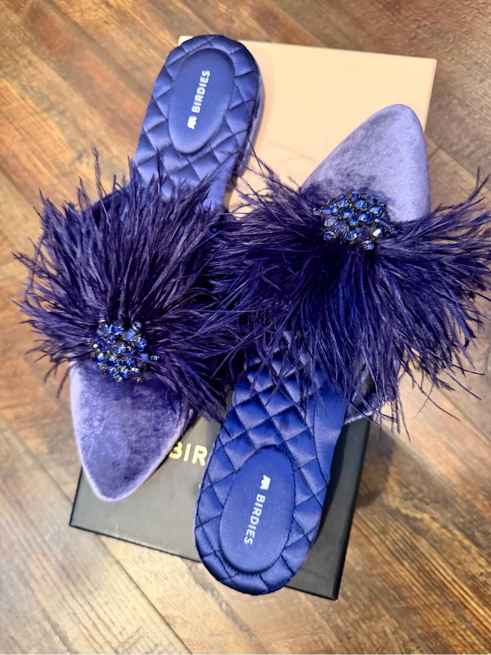 Birdies The Dove Blue Velvet Mules Feather Crystal Brooch Slippers Loafers 9 NIB